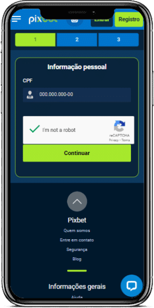 p&aacute;gina de cadastro no app da pixbet