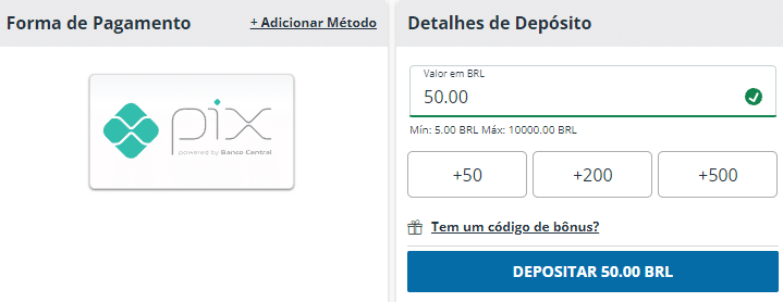 Página de Depósito Via PIX da Sportingbet