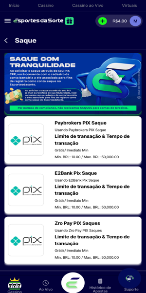 Imagem do processo de saque via Pix na Esportes da Sorte.