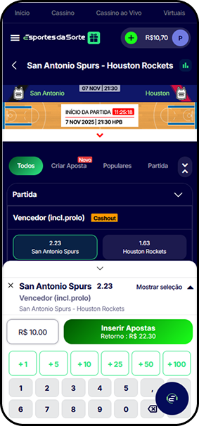 Aposta no Esportes da Sorte para o jogo San Antonio Spurs x Houston Rockets com retorno potencial de R$22,30.
