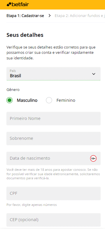 tela para o registro no site de apostas Betfair