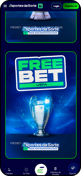 Banner da promoção Free Bet UEFA do Esportes da Sorte com imagem do troféu da Champions League.