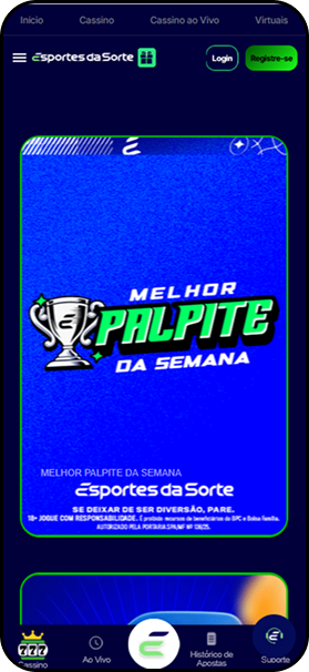 Banner da promoção Melhor Palpite da Semana do Esportes da Sorte em fundo azul.