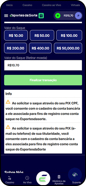 Área de saque do Esportes da Sorte com valores predefinidos e aviso sobre uso de Pix vinculado ao CPF.