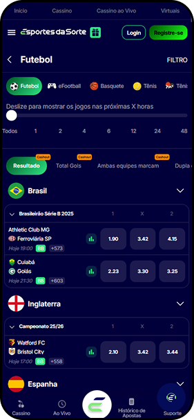 Lista de partidas de futebol no Esportes da Sorte com odds para jogos do Brasileirão, Premier League e La Liga.