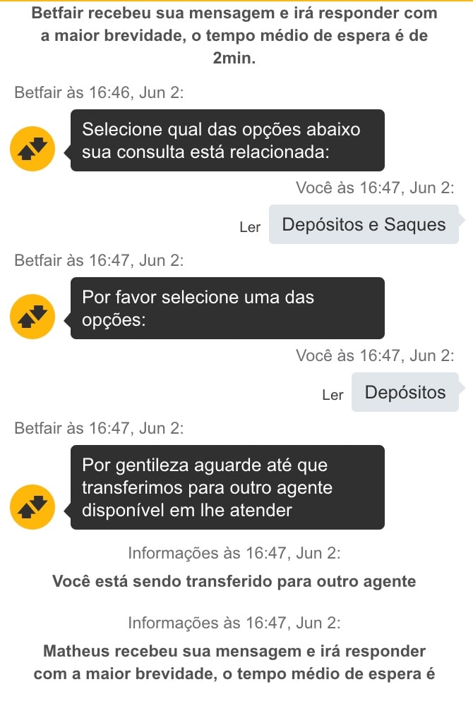 atendimento ao cliente na Betfair