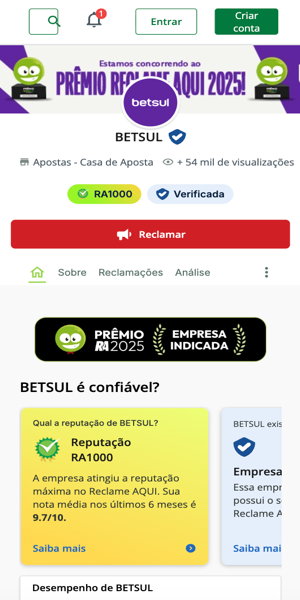 Imagem da p&aacute;gina oficial da Betsul no Reclame Aqui