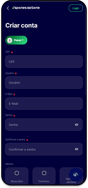Formulário de cadastro do Esportes da Sorte com campos para CPF, e-mail, senha e gênero.