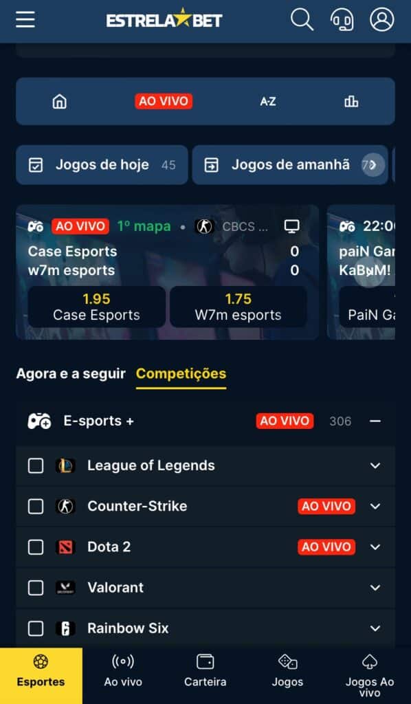 op&ccedil;&otilde;es para apostar em eSports na Estrela Bet