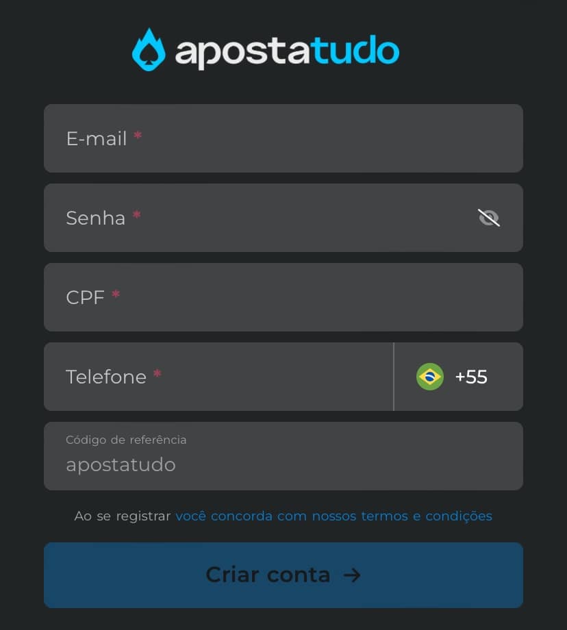 página de formulário para cadastro