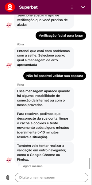 Imagem com exemplo de atendimento via chat ao vivo na Superbet