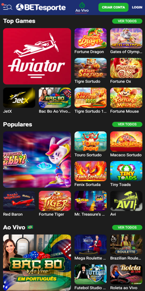 Imagem da página inicial do cassino online da Betesporte com menus e jogos separados por categoria