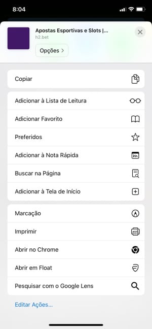 tela com op&ccedil;&otilde;es para adicionar o atalho da H2Bet no iPhone