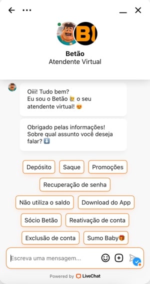 tela do atendimento online da Bet&atilde;o
