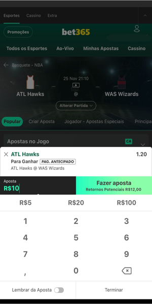 Imagem de um bilhete de apostas na Bet365