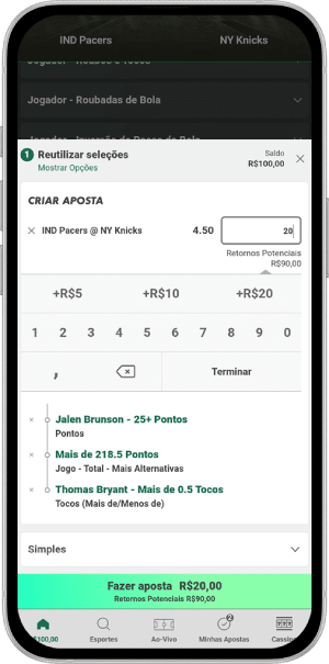 Tela do recurso Criar Aposta da Bet365