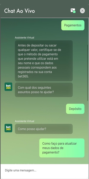 Imagem de uma conversa com o suporte ao vivo da Bet365, disponível 24 horas por dia.
