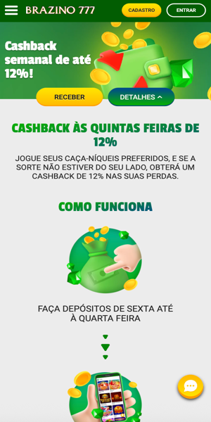 Tela com a página da promoção de cashback do Brazino777