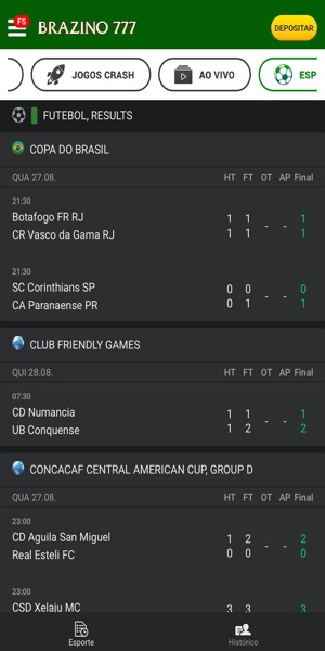 Tela com imagem da op&ccedil;&atilde;o "Resultados" no app da Brazino777