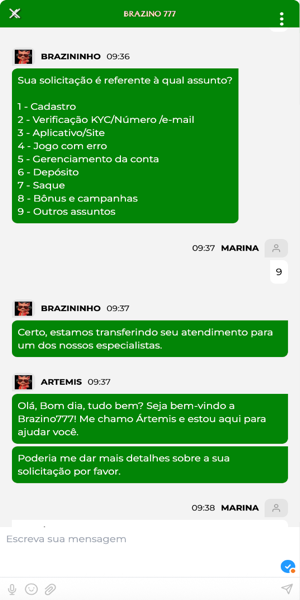 Imagem de uma conversa com um atendente no chat ao vivo da Brazino777