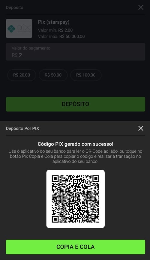 tela para fazer dep&oacute;sitos via Pix na Luvabet