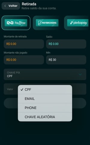 Tela do processo de saque na Bet&atilde;o