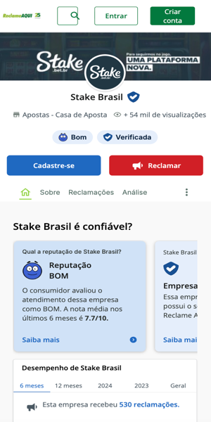 Imagem da p&aacute;gina oficial da Stake no Reclame Aqui comprovando que a Stake &eacute; confi&aacute;vel