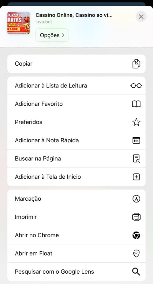 Tela para criar atalho do Luvabet app no iPhone