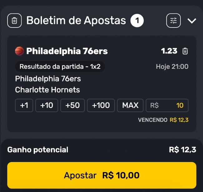 tela mostrando o bilhete de apostas organizado e pronto para ser validado pelo jogador.