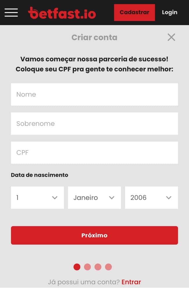 Tela de cadastro na Betfast