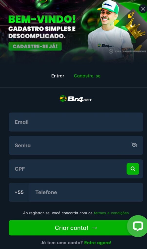 Tela de cadastro na BR4BET