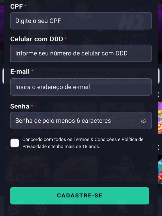 Tela de cadastro na H2Bet