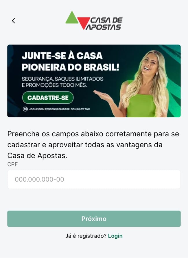 tela para iniciar o cadastro na Casadeapostas.com