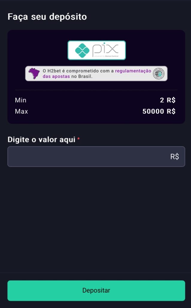 Tela para fazer depósito via Pix na H2Bet