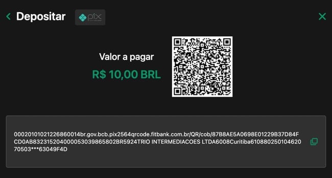 tela mostrando o QR Code do Pix para realizar seu dep&oacute;sito.