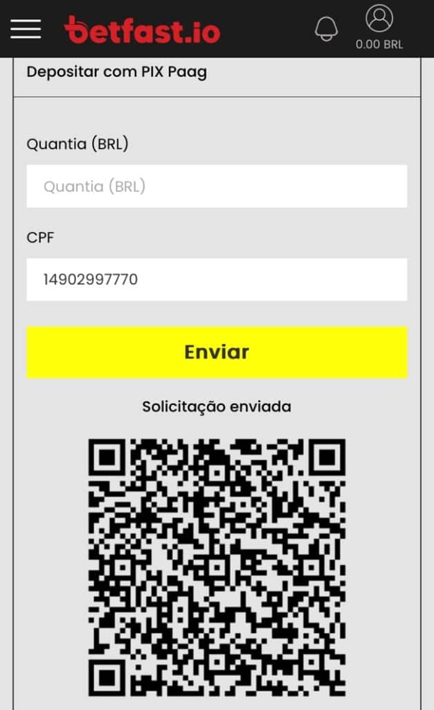 Tela com o QR Code do Pix para depósitos