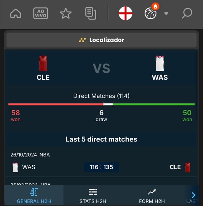 Tela do localizador mostrando as estat&iacute;sticas dos &uacute;ltimos 5 jogos de confronto direto entre Cleveland x Wizards na NBA