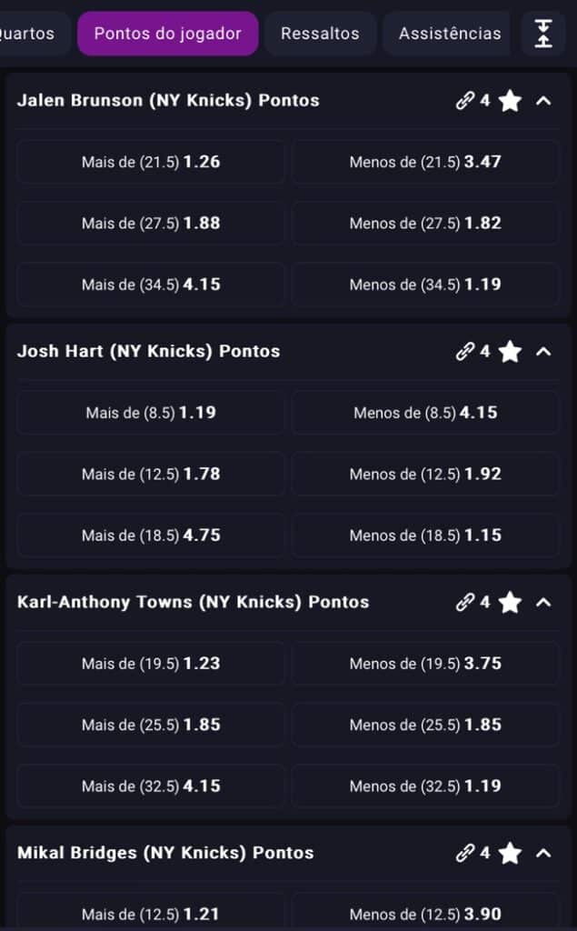 Opções de mercados de apostas para pontos do jogador, rebotes e assistências na H2Bet