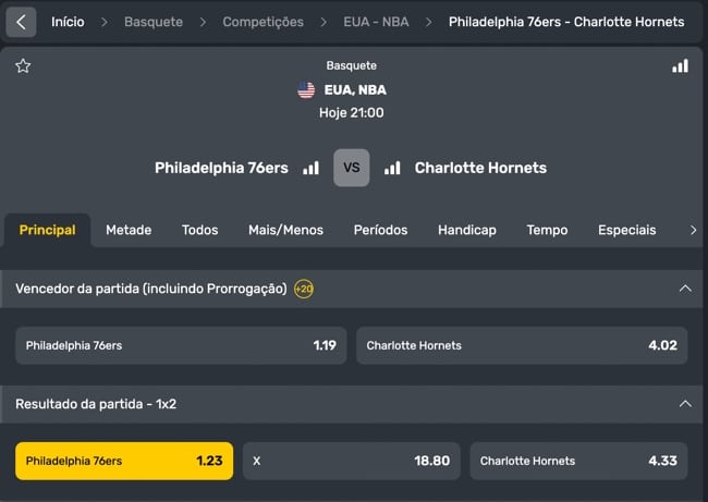 Tela com exemplo de odd e mercado de aposta na NBA escolhido 
