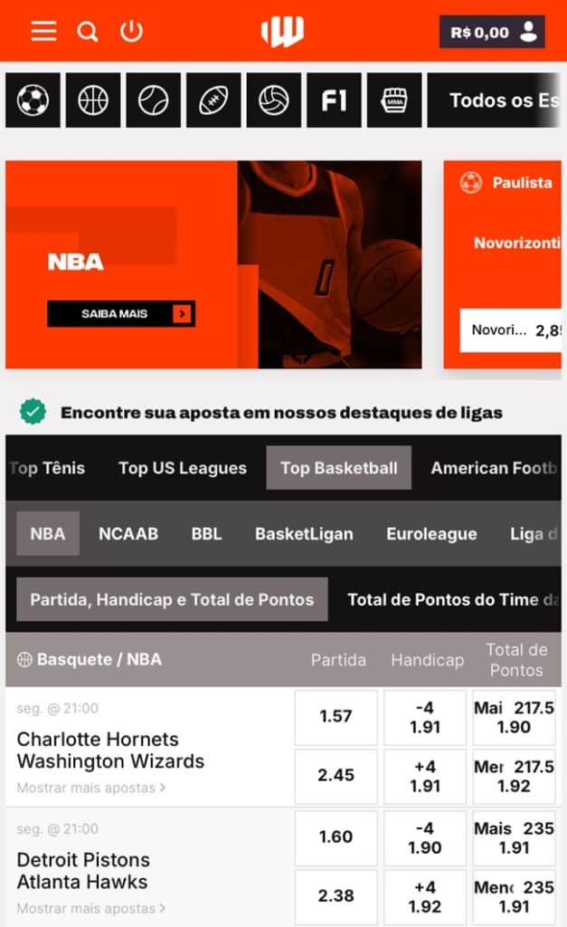 Tela com a página inicial do Betwarrior app.