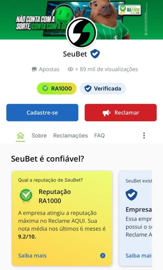 Tela comprovando que o Seubet é confiável com base em sua página no Reclame Aqui. A casa de apostas obteve certificado RA1000.