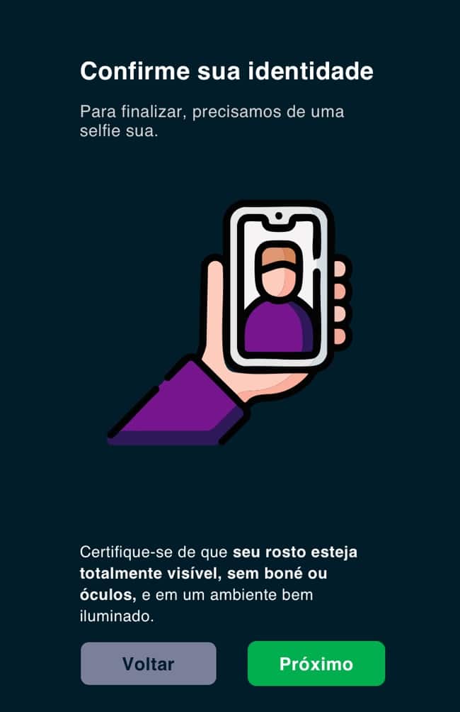 Tela com o segundo passo da verificação de identidade que inclui fazer uma selfie para cadastrar sua biometria facial no Seubet.