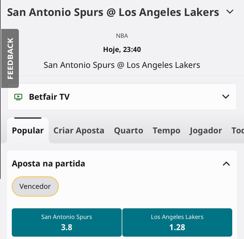 tela com op&ccedil;&otilde;es para apostar no jogo da NBA entre San Antonio Spurs x Los Angeles Lakers na casa de apostas tradicional