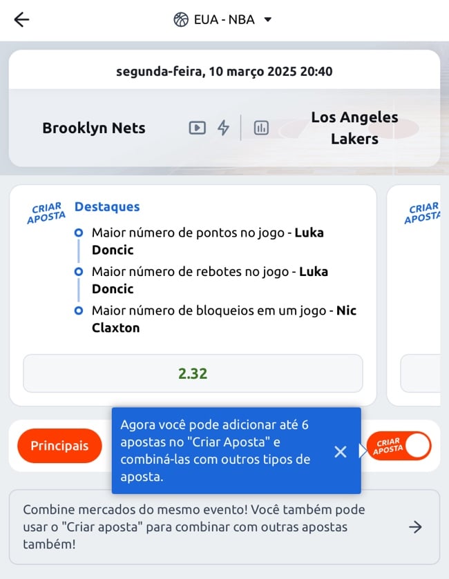 Tela com a função "Criar Aposta" selecionada na Betano em um jogo da NBA entre Brooklyn Nets e Los Angeles Lakers