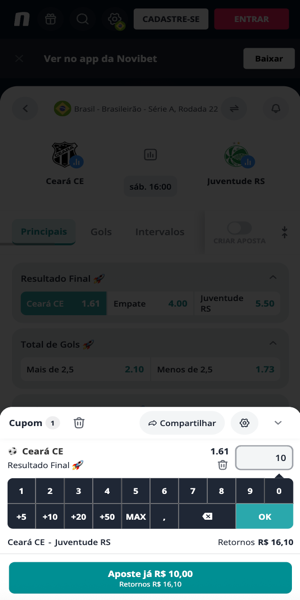 Tela com exemplo de aposta esportiva na Novibet