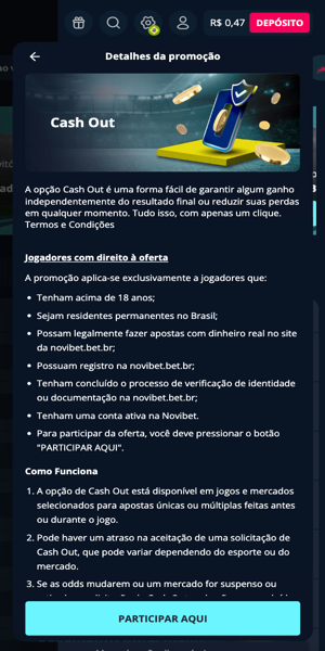 Página da promoção Cash Out com o código promocional Novibet