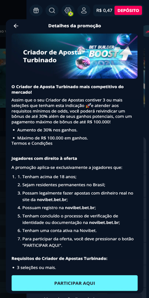 Tela com página da promoção Criador de Aposta Boost que você pode participar ao ativar o código Novibet
