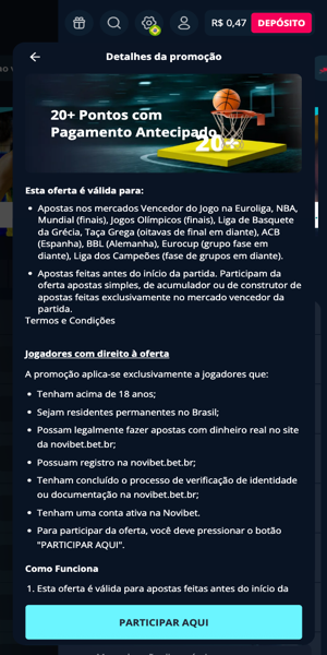 Tela com informações sobre a promoção Pagamento Antecipado da Novibet