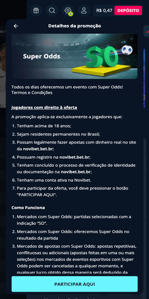 Tela com página da promoção Super Odds na Novibet
