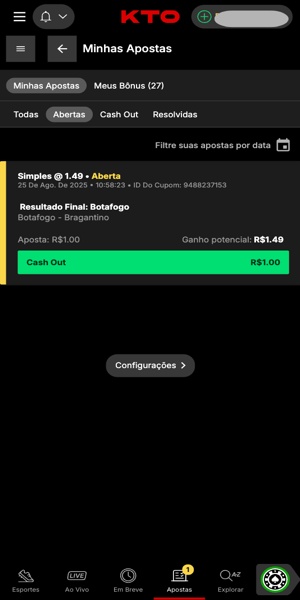 Imagem com exemplo de como dar cash out em uma aposta na KTO